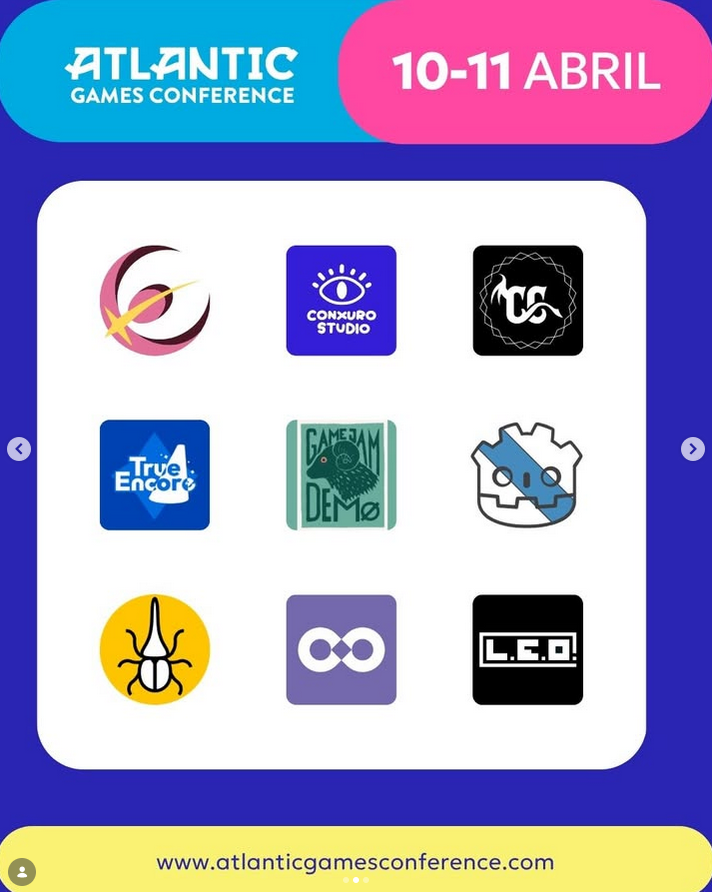 Captura do Instagram da Atlantic Games Conference. As datas son do 10 ao 11 de abril e saen logos de diferentes entidades nas que se inclúe Godoteires.