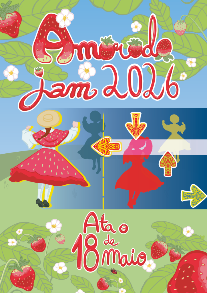 Cartel da Amorodo Jam 2026. Todo decorado con amorodos. Unha muller baila cun traxe tradicional cos cores dos amorodos. Indica claramente que é ata o 18 de maio.