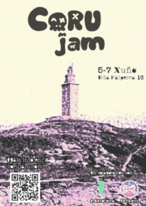 Cartel da Corujam. 5-7 Xuño. Vese a Torre de Hércules pixelada. Farase na Rüa Falperra 13.