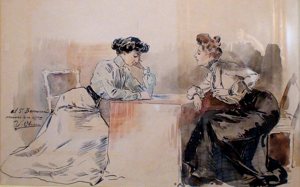 Pintura en acuarela de dúas mulleres do século XIX aproximadamente sentadas cada unha a un lado da mesa e falando unha coa outra