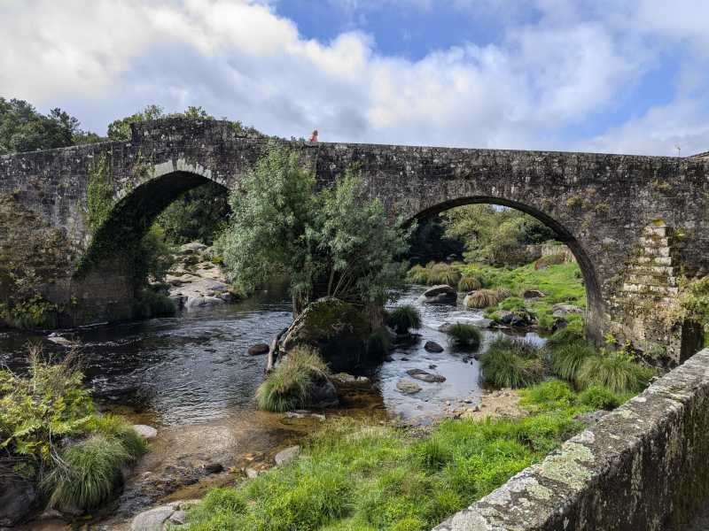 Ponte Maceira, unha ponte medieval. Nesta foto vense dous arcos. Por debaixo hai vexetación e as augas do río Tambre