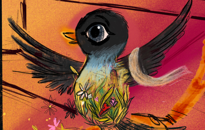 O boceto a color dun paxaro negro de pico laranxa. Sáenlle flores do peito e leva unha venda nunha á. O fonto e alaranxado e rosa