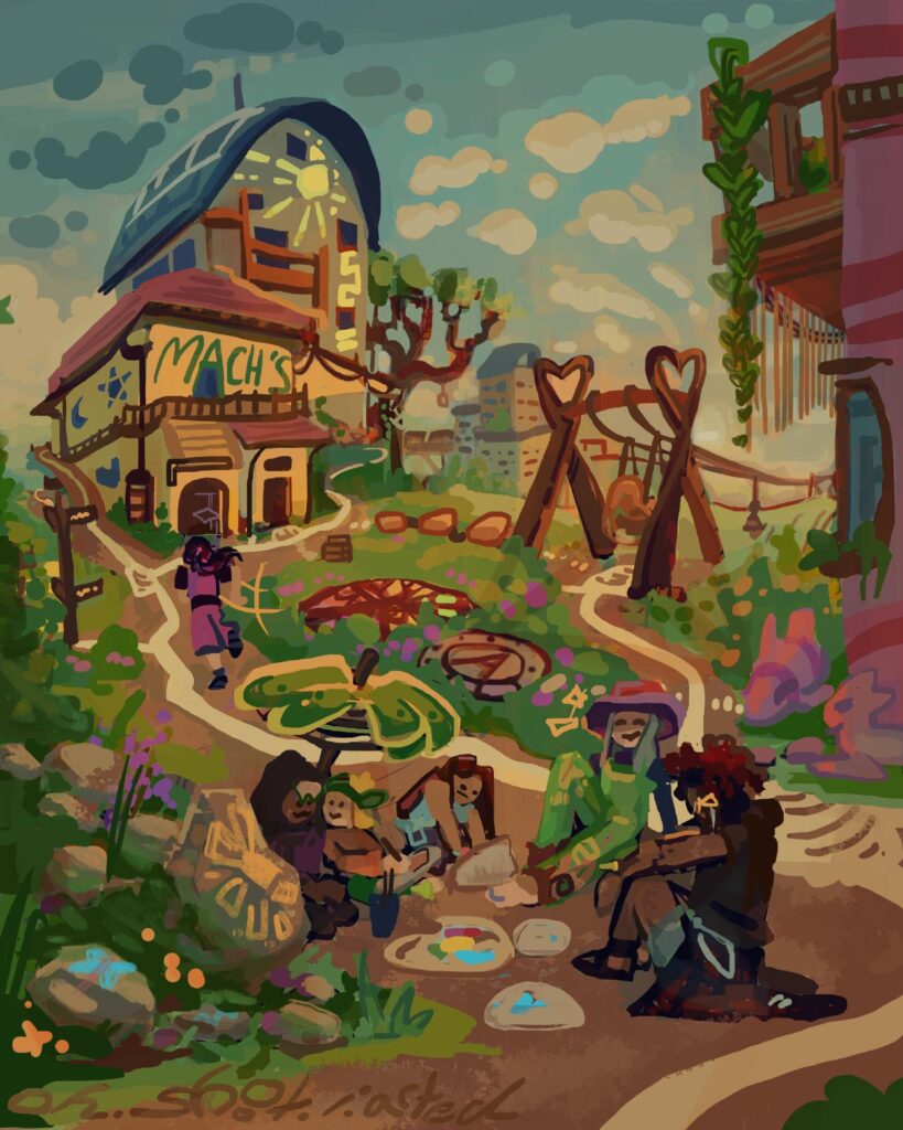 Nun estilo similar a o dos nenos, vese debuxado un barrio axardinado con columpios e paseos cheos de flores. Na parte frontal hai pequenos e maiores xogando.