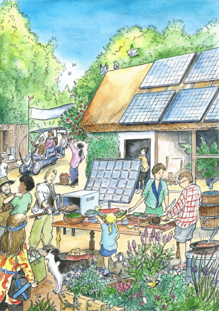 Un pobo no que traballan en colectivo montando paneles solares nun edificio e preparando o xantar con tecnoloxía low-tech