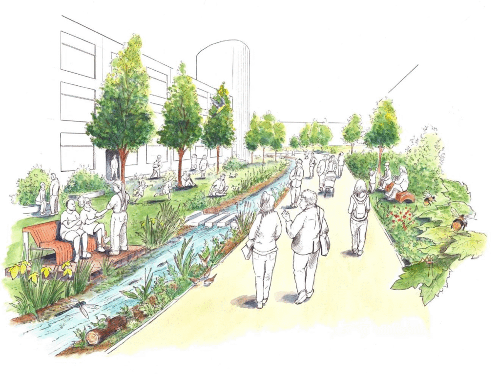 Un paseo xunto a un río e preto dun edificio de dúas plantas e ducias de metros de longo. Todo o terreo entre o río e o edificio está cuberto de plantas e animais. O camiño e os bancos están cheos de xente, uns descansando e outros socializando