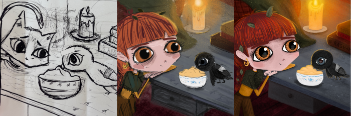 A imaxe está dividida en tres. Son tres momentos diferentes da creación dunha mesma imaxe. O boceto a lapis, o colereado e o perfilado. Hai unha nena mirando como come un paxaro negro dunha cunca de papas. O paxaro leva unha venda nunha á e ao fondo vese unha vela e algúns libros. 