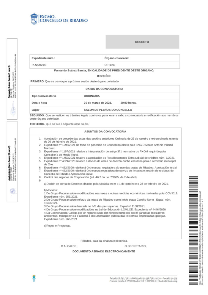 Convocatoria dun pleno no concello de Ribadeo para o día 29 de marzo