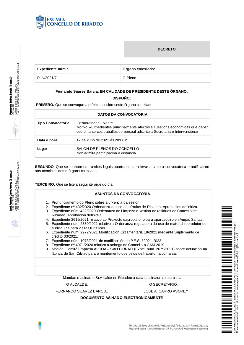 Convocatoria de pleno no concello de Ribadeo para 20210617