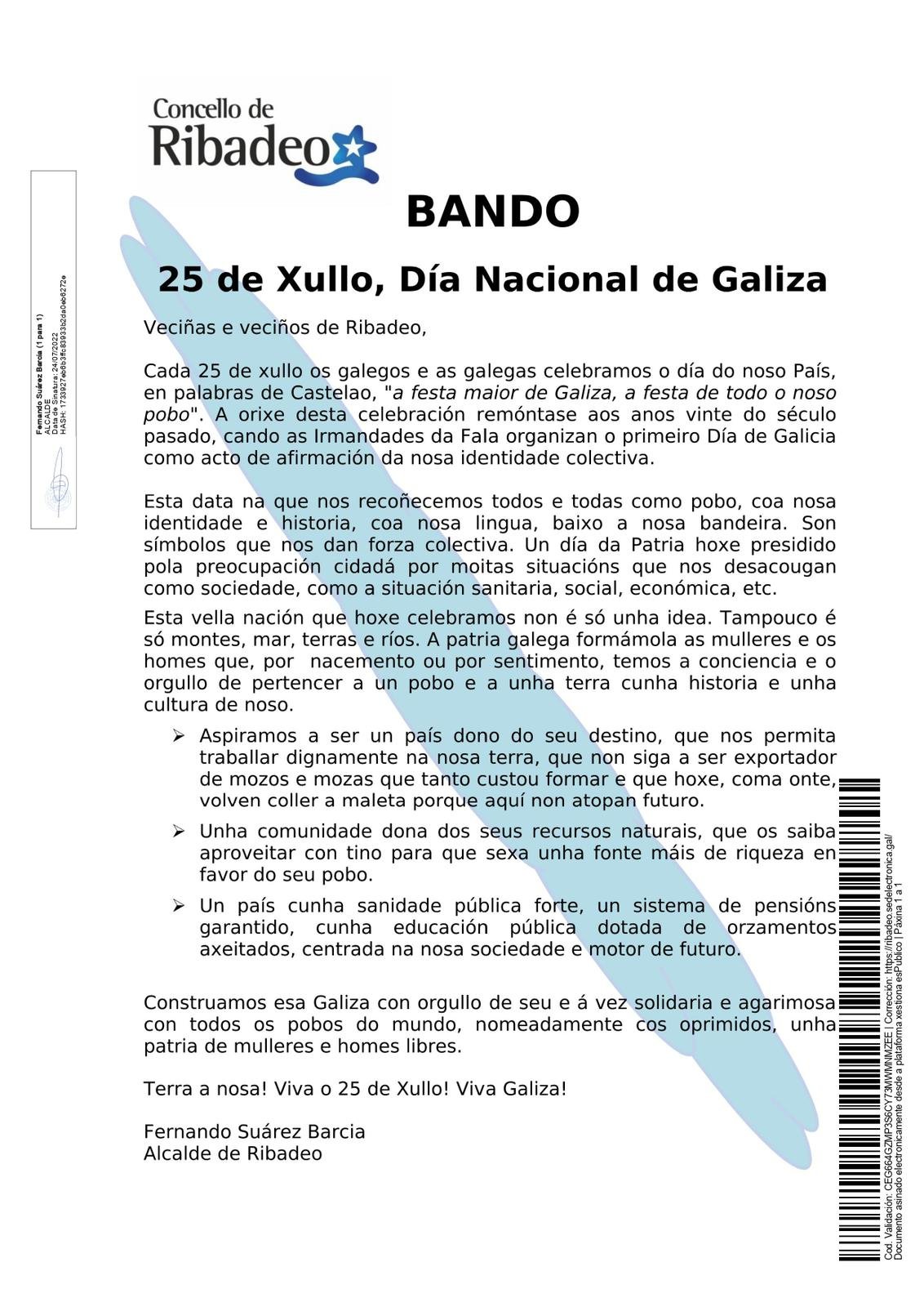 Bando da alcaldía de Ribadeo de 25 de xullo de 2022