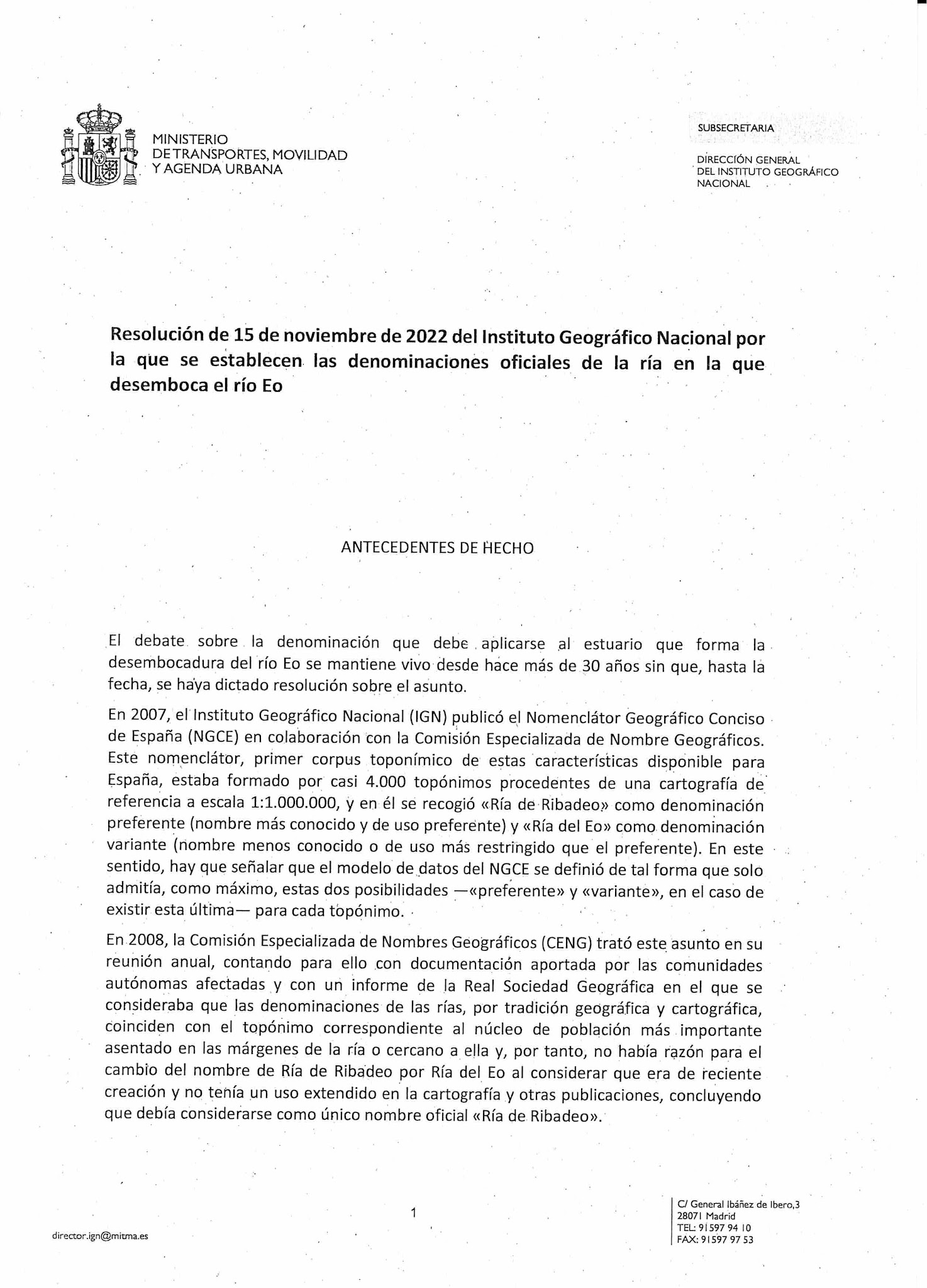 Resolución pola que se establece a denominación oficial da ría de Ribadeo  (15 novembro 2022)