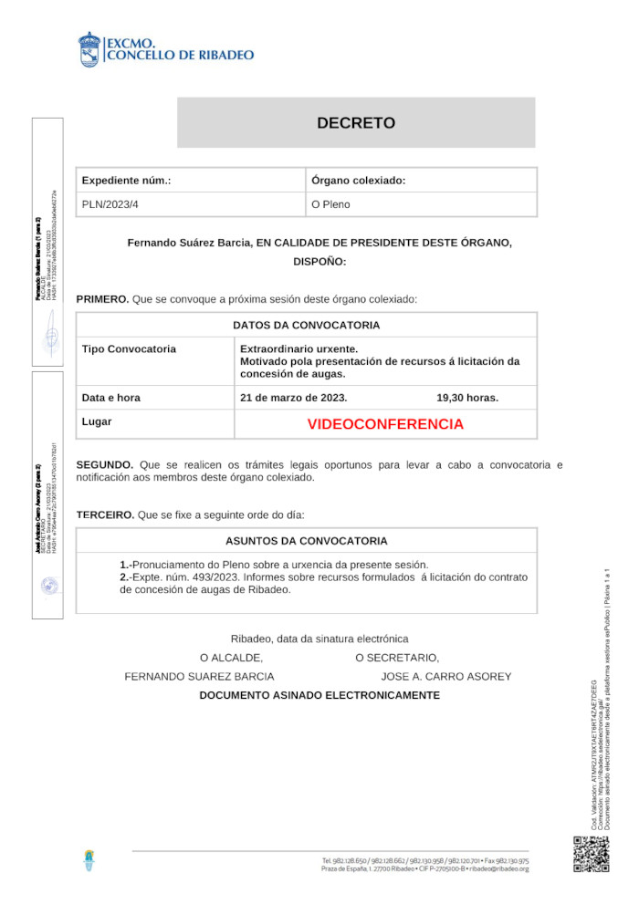 Acta do pleno extraordinario urxente celebrado onte (e máis)