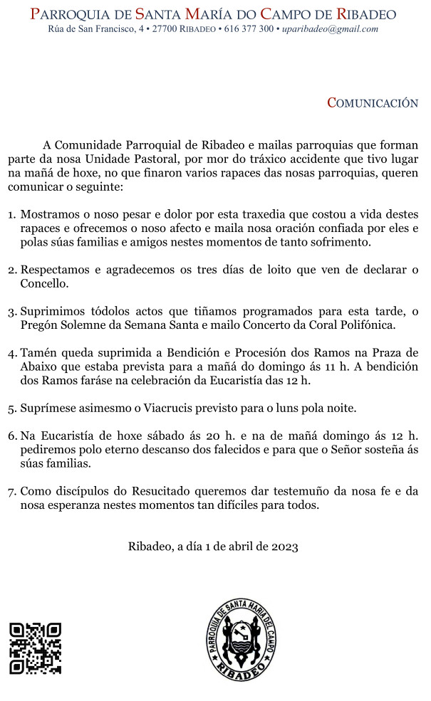 Comunicado da Parroquia: accidente e Semana Santa